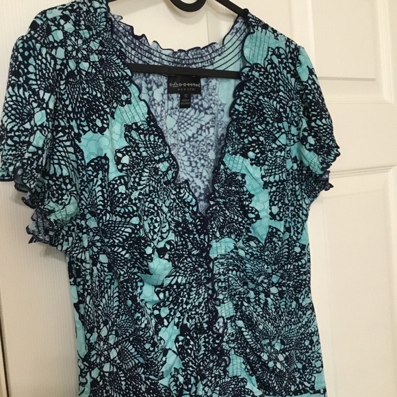 Teal Green Blue Women's Short Cup Sleeve V-Neck Ruched Front Fit and Flare Dress - Picture 7 of 11